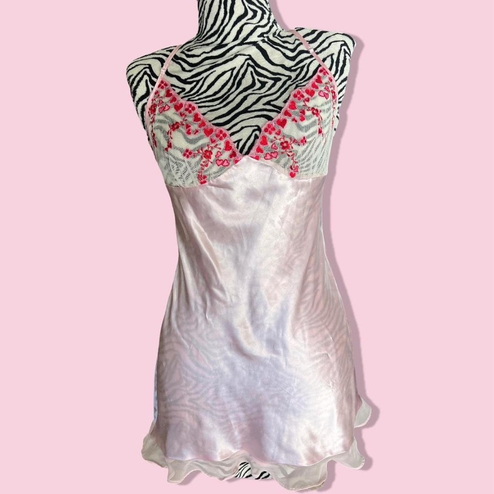 Vintage Frederick's of Hollywood Pink Satin Babydoll Slip Dress Barbie hearts